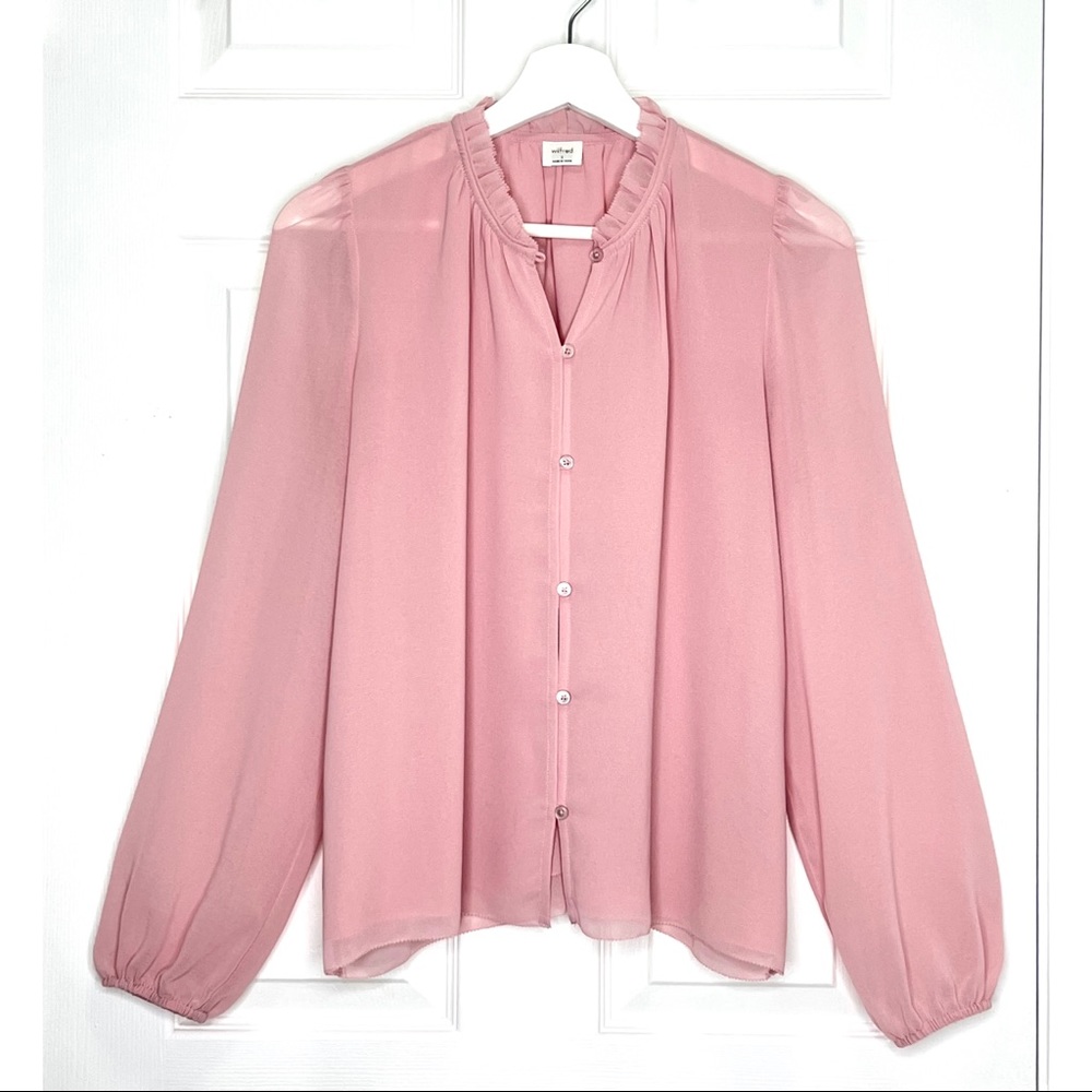 Aritzia Pink Sheer Ruffle Neck Button-Front Blouse